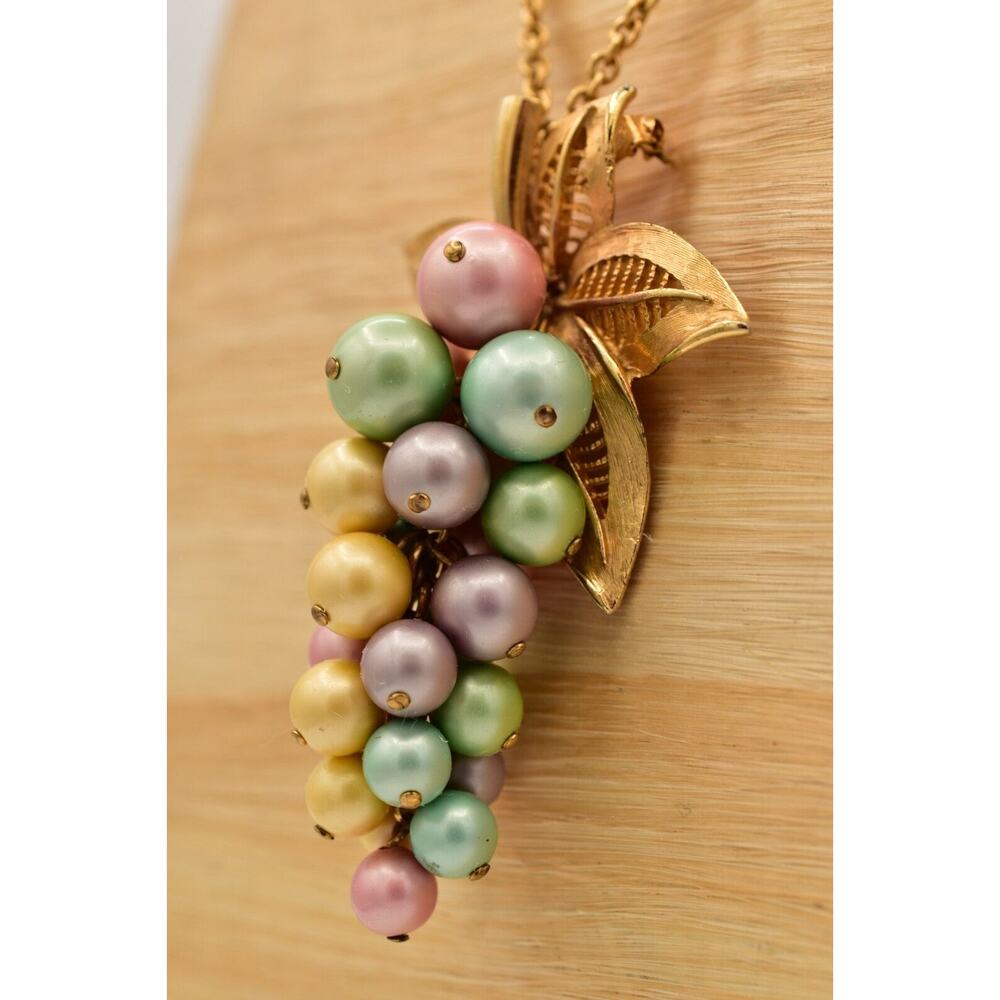 Vintage Grape Pendant Necklace Brushed Gold Multi-Color Cluster Vine Pastel BinK - Picture 10 of 12